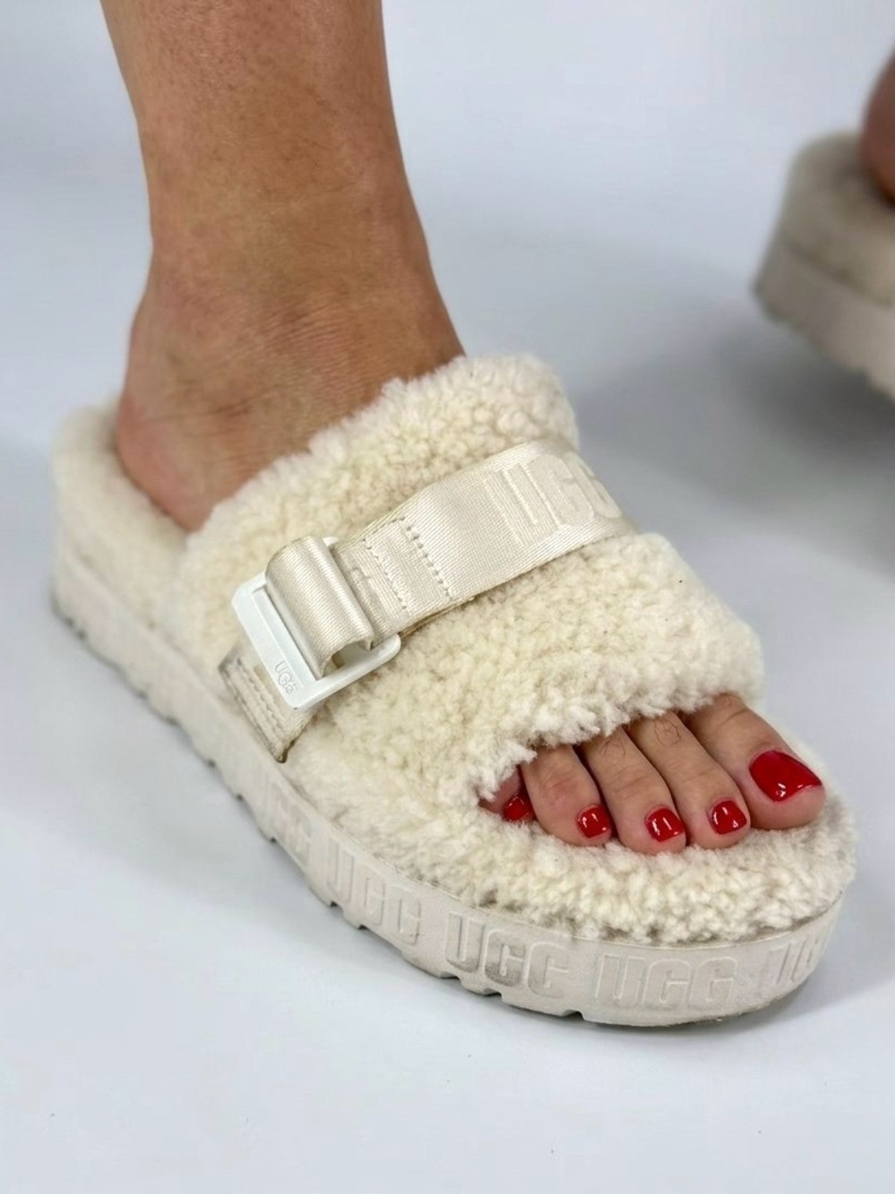 UGG Fluffita Shearling Platform Slide Slipper Shoes, White Cream, Size 9